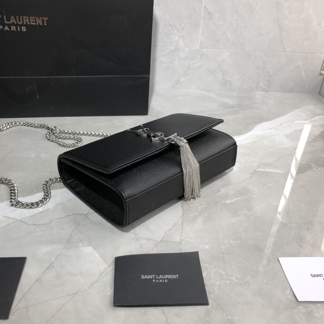 Original Copy Saint Laurent Small Kate Chain Bag in Black with Tassel in Grain de Poudre Embossed Leather Sliver Hardware