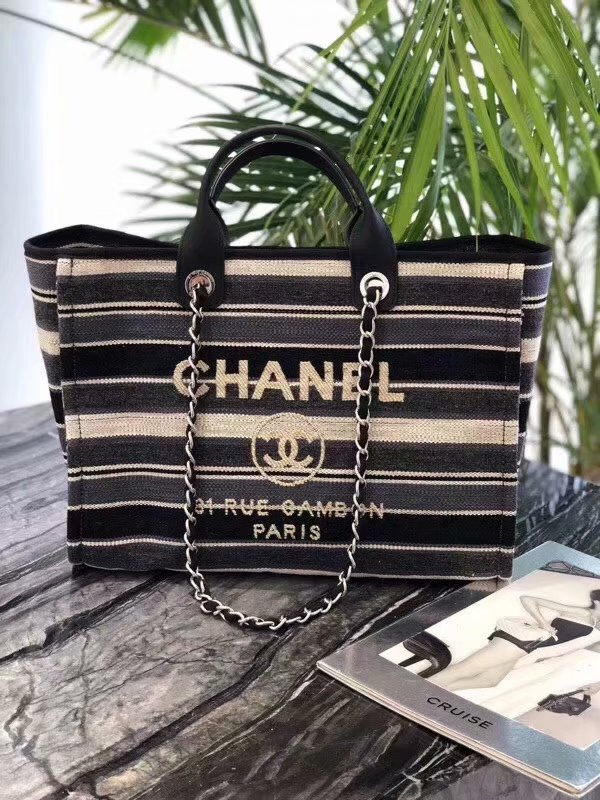 Original Replica Chanel Shopping Bag Black Canvas Calfskin Silver Tone Metal