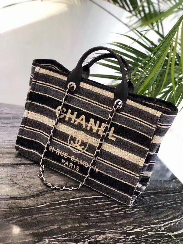 Original Replica Chanel Shopping Bag Black Canvas Calfskin Silver Tone Metal