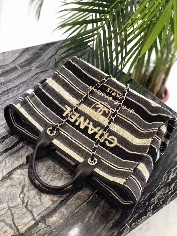 Original Replica Chanel Shopping Bag Black Canvas Calfskin Silver Tone Metal