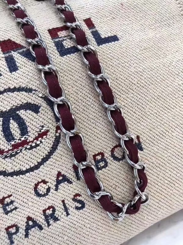 Original Replica Chanel Shopping Bag White Canvas Calfskin Silver Tone Metal
