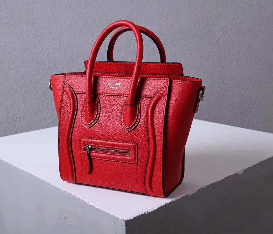 Perfect Replica Celine Nano Luggage Bag in Durmmed Calfskin Red