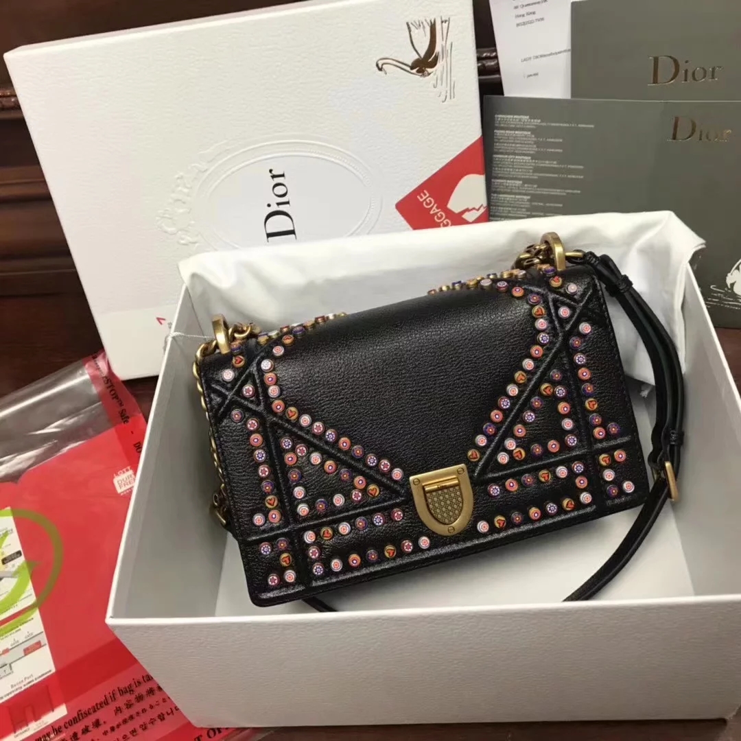 Perfect Replica Dior Small Diorama Bag in Multi Coloured Studded With BlackMetallic Calfskin