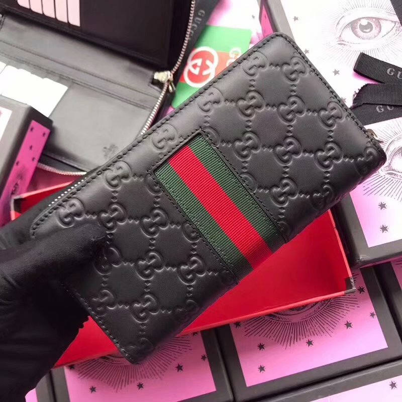 Perfect Replica Gucci 408831 Men Signature Web Zip Around Wallet Black Leather