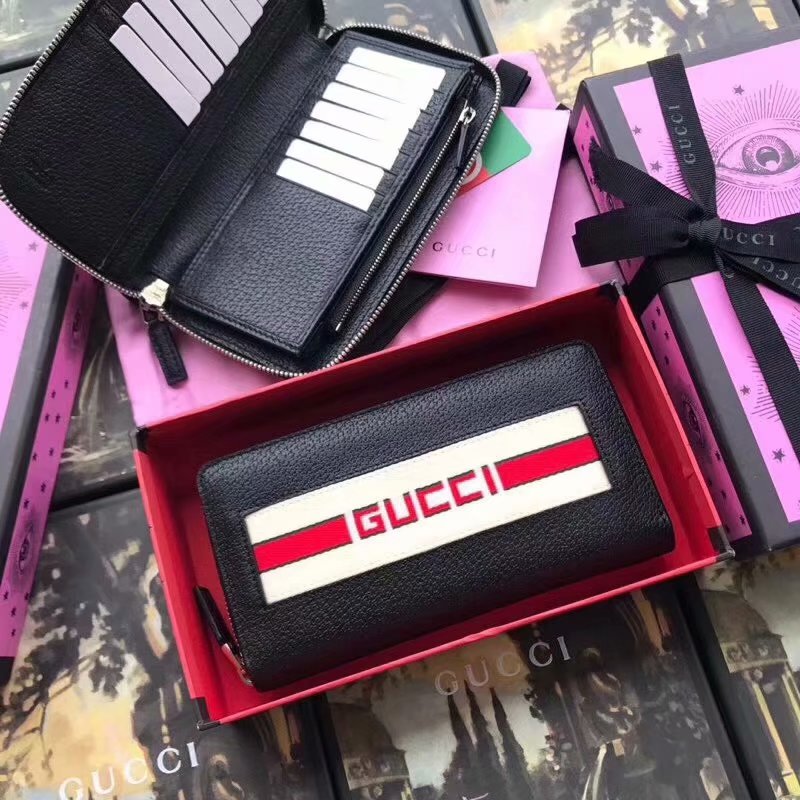 Perfect Replica Gucci 459138 Men Stripe Leather  Zip Around Wallet Black Leather