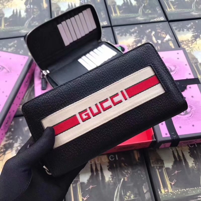 Perfect Replica Gucci 459138 Men Stripe Leather  Zip Around Wallet Black Leather