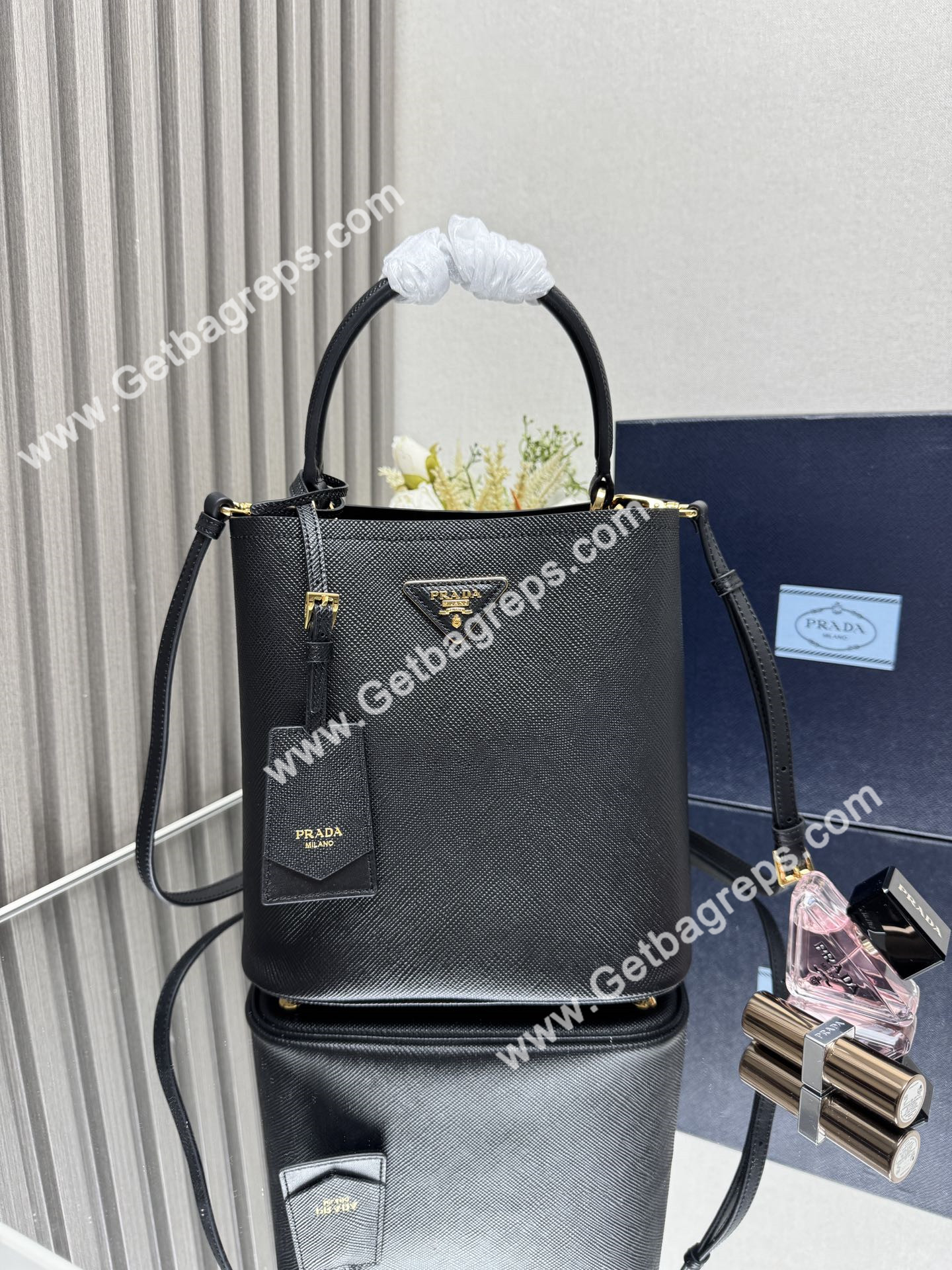 Prada 1BA217 Panier Saffiano Leather Large-Bag Black
