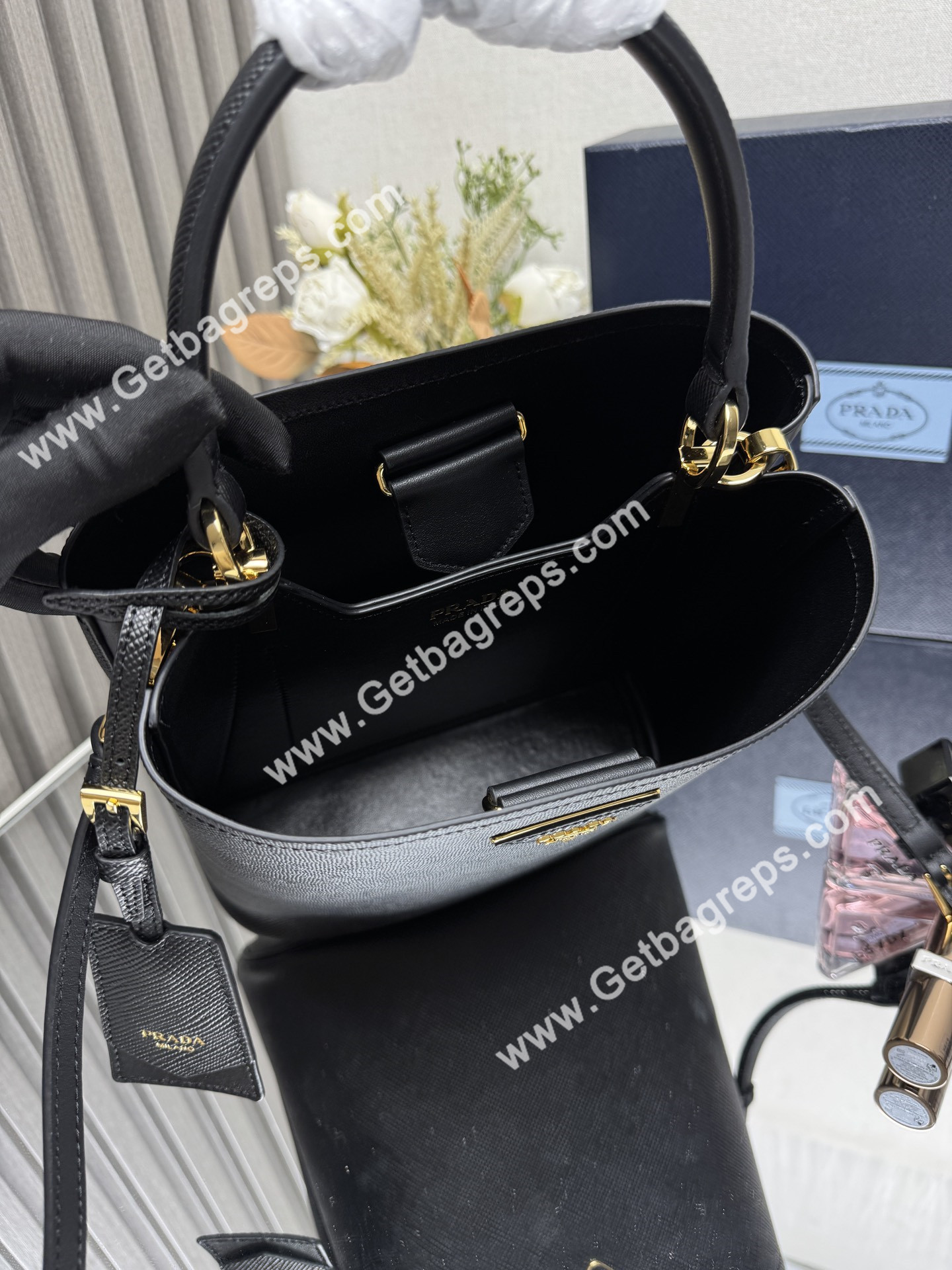Prada 1BA217 Panier Saffiano Leather Large-Bag Black