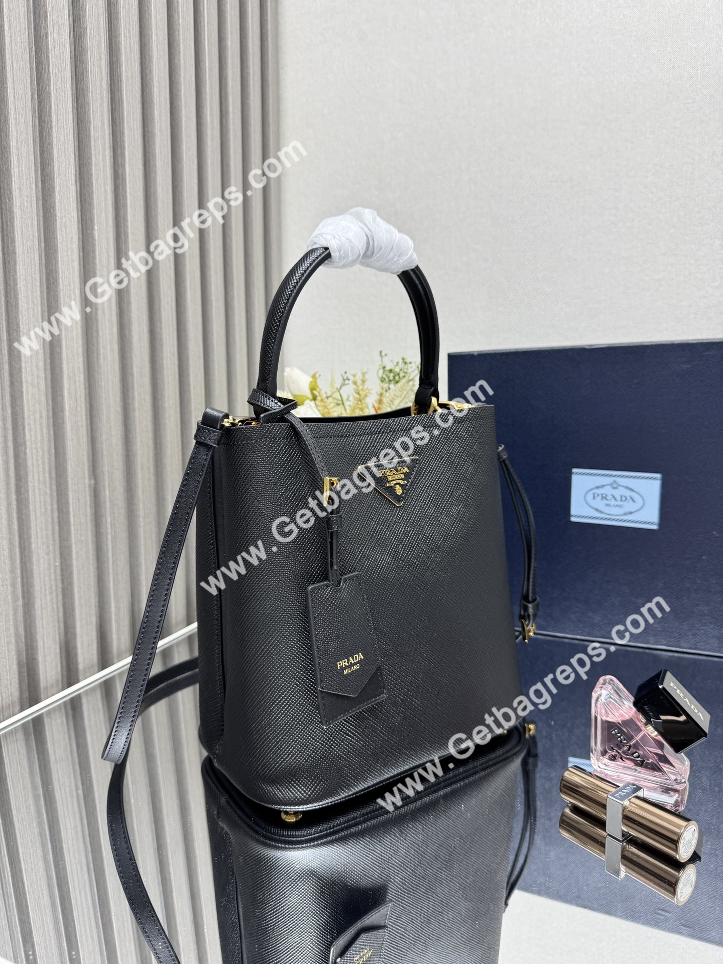 Prada 1BA217 Panier Saffiano Leather Large-Bag Black