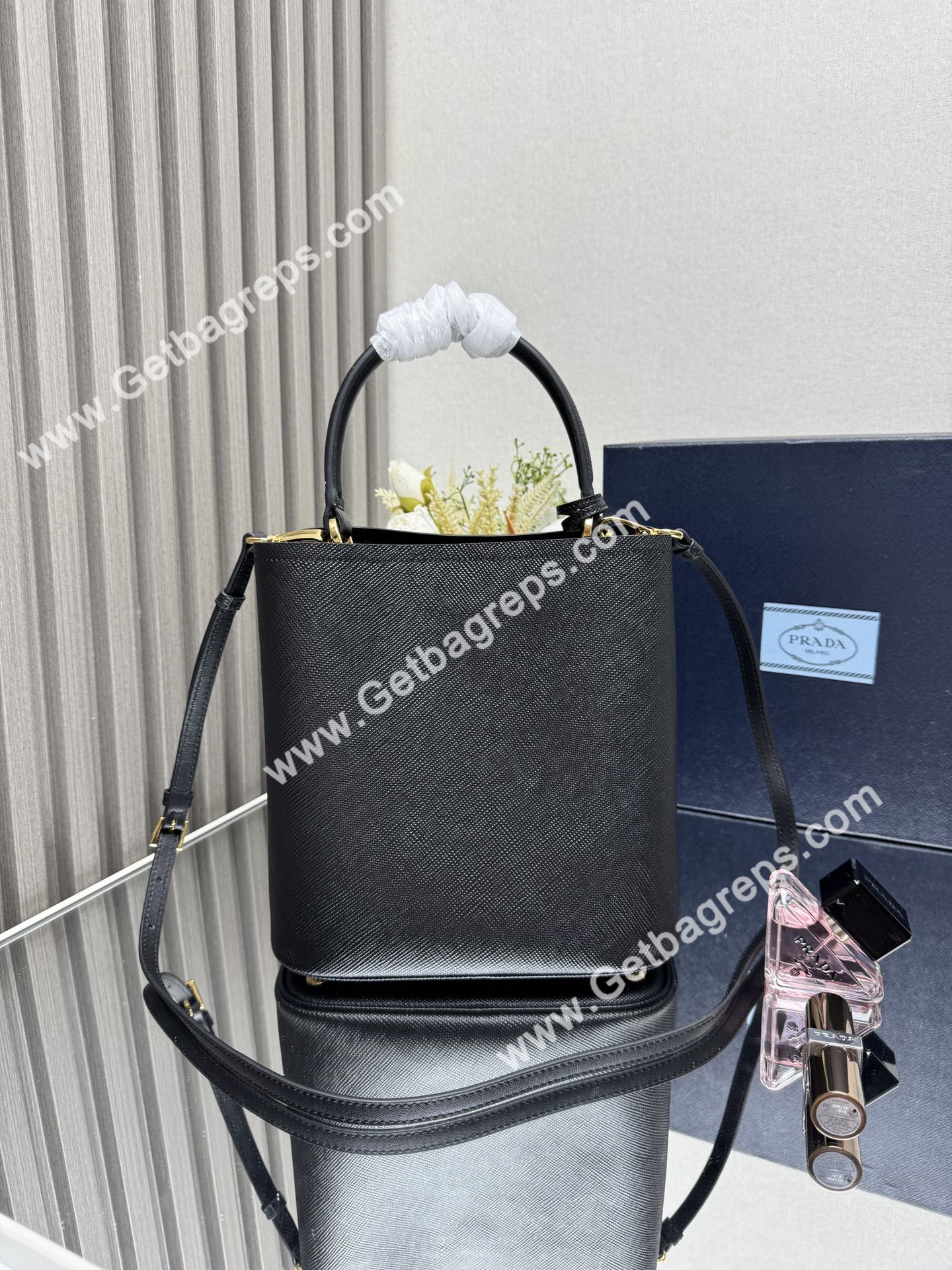 Prada 1BA217 Panier Saffiano Leather Large-Bag Black