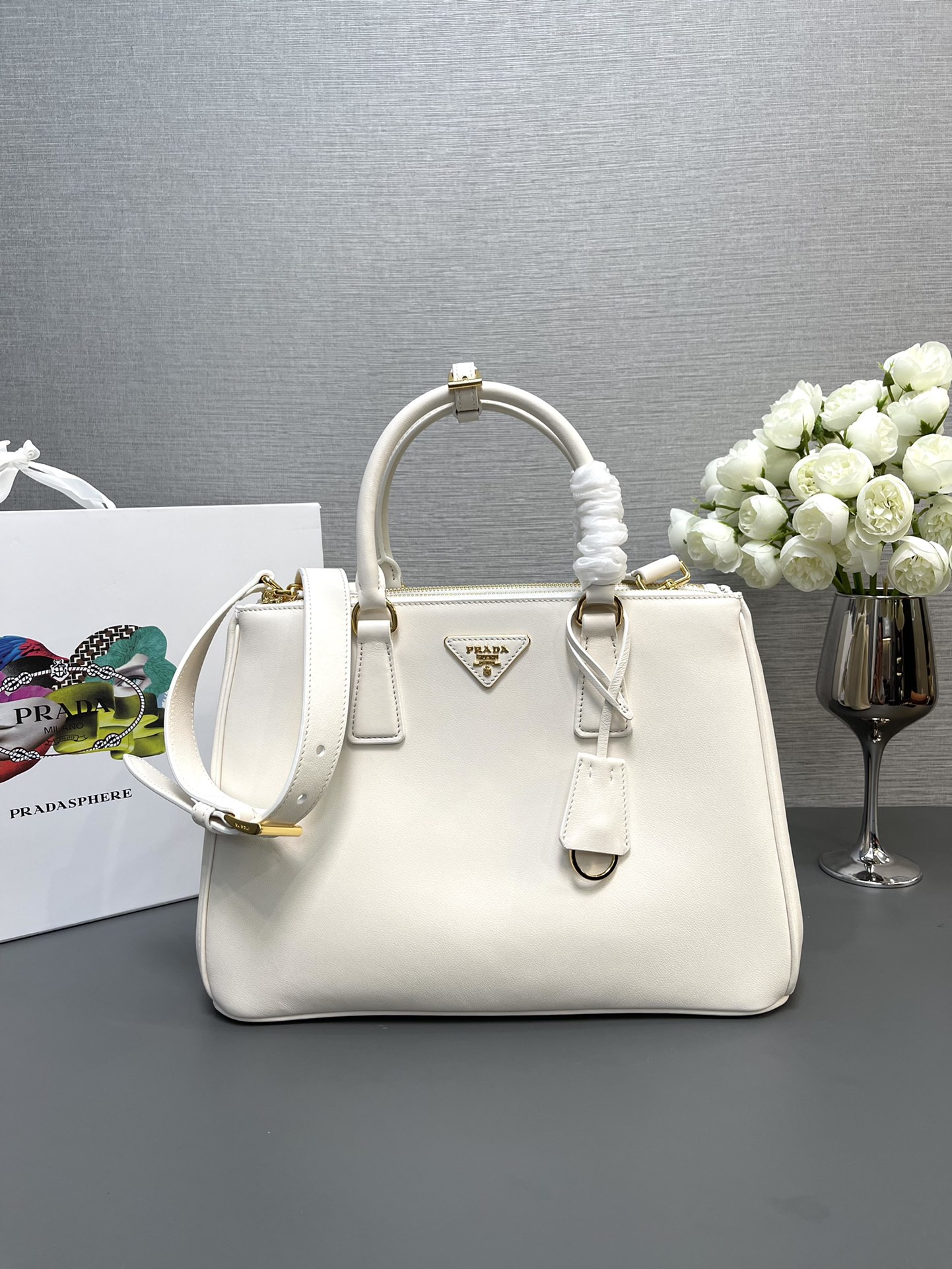 Prada 1BA274 Large Prada Galleria Saffiano Leather Bag White