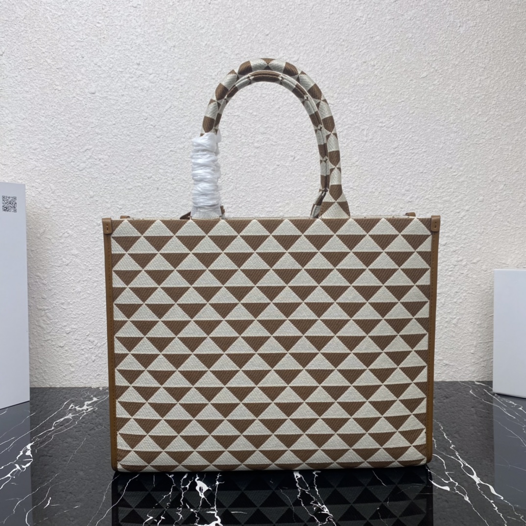 Prada 1BA356 Large Prada Symbole Jacquard Fabric Handbag Tan