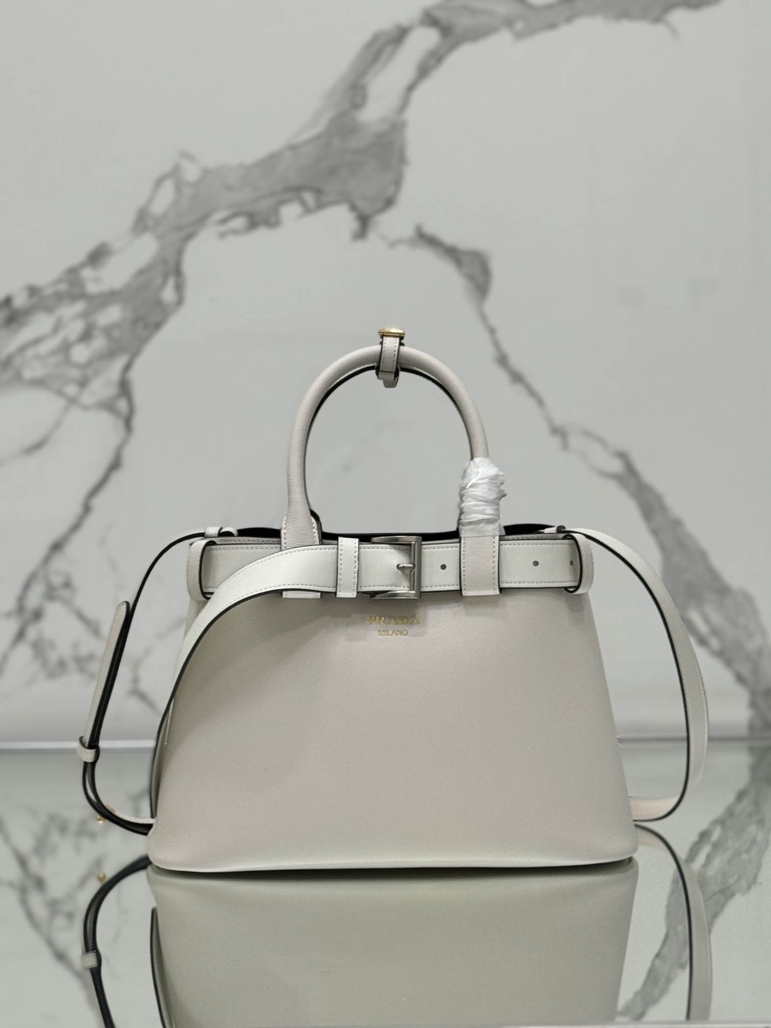 Prada 1BA434 Buckle Medium Leather Handbag with Belt White