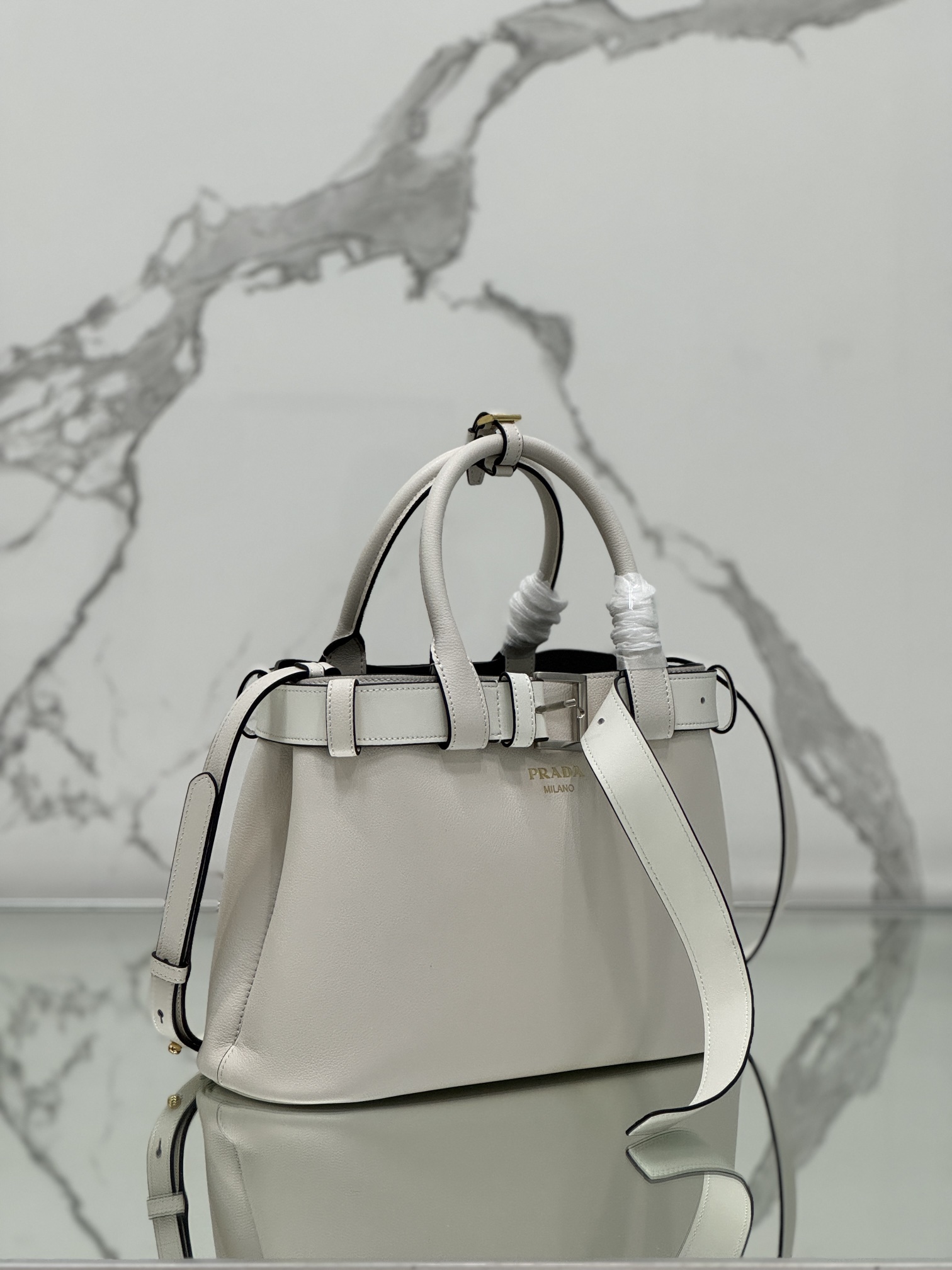 Prada 1BA434 Buckle Medium Leather Handbag with Belt White