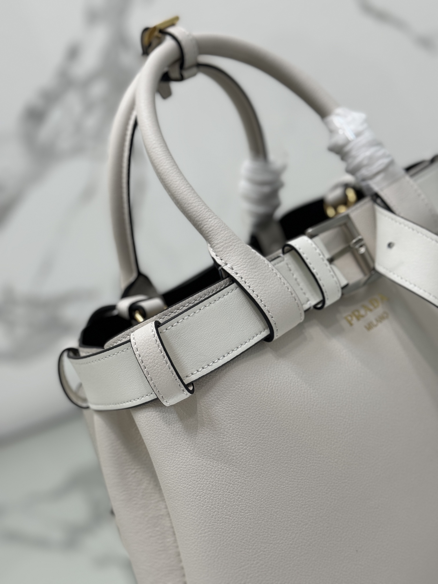 Prada 1BA434 Buckle Medium Leather Handbag with Belt White