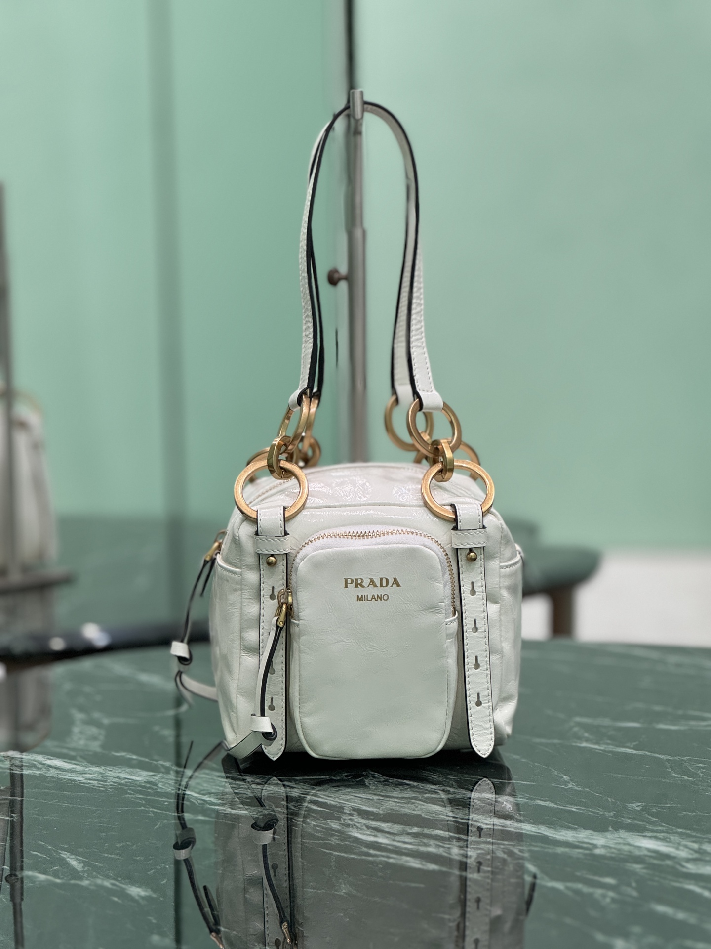 Prada 1BB137 Dangle Leather Top-handle Mini-bag White