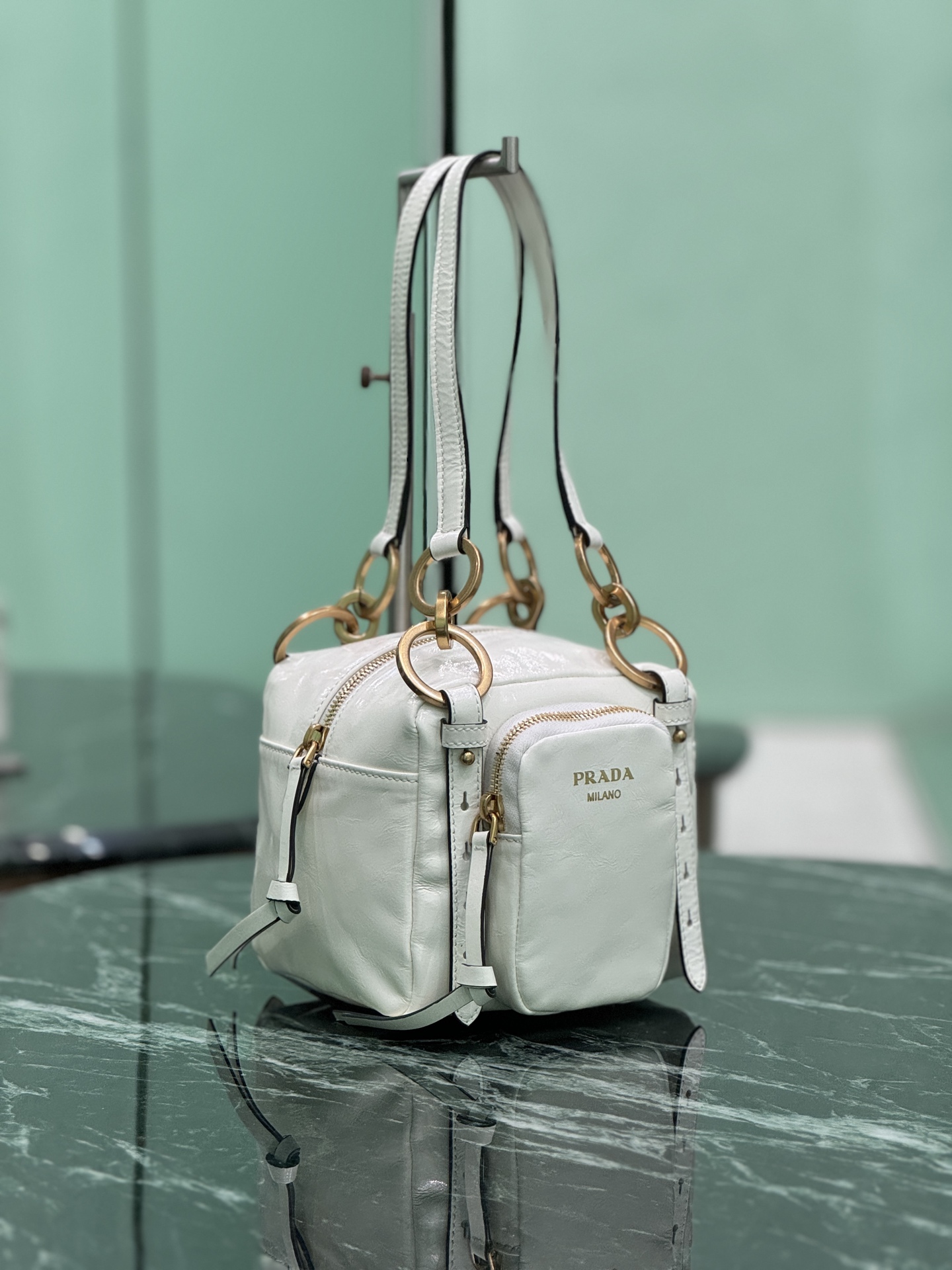 Prada 1BB137 Dangle Leather Top-handle Mini-bag White