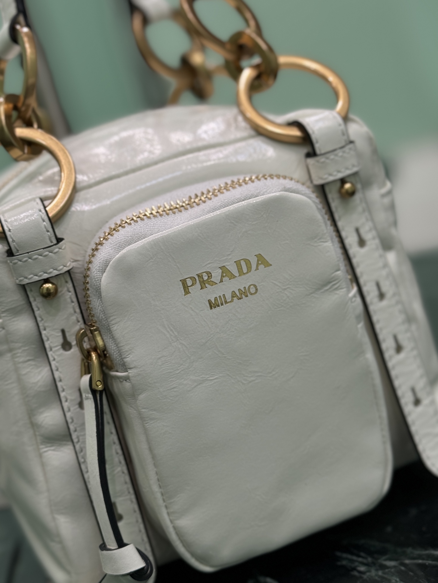 Prada 1BB137 Dangle Leather Top-handle Mini-bag White