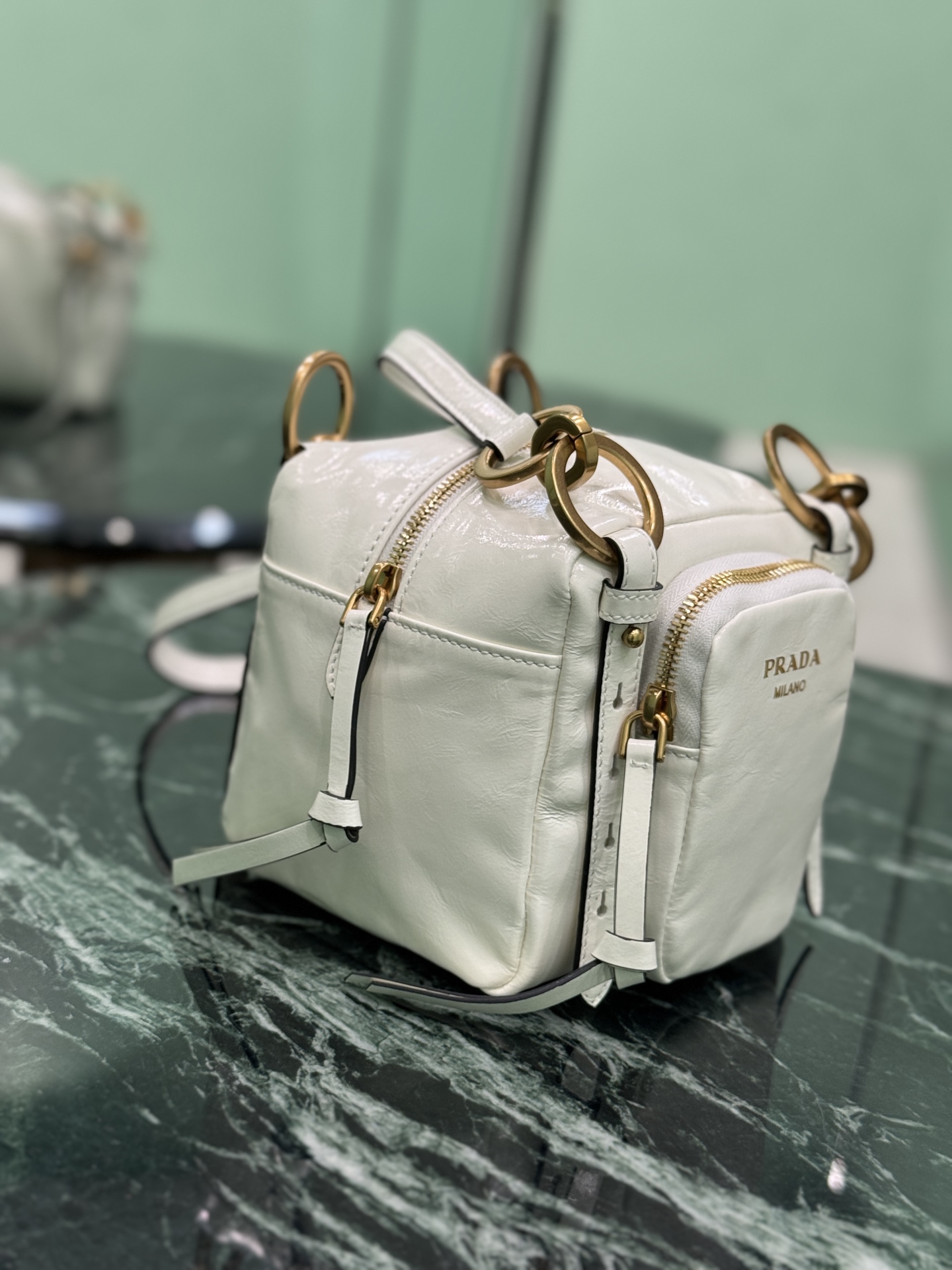 Prada 1BB137 Dangle Leather Top-handle Mini-bag White