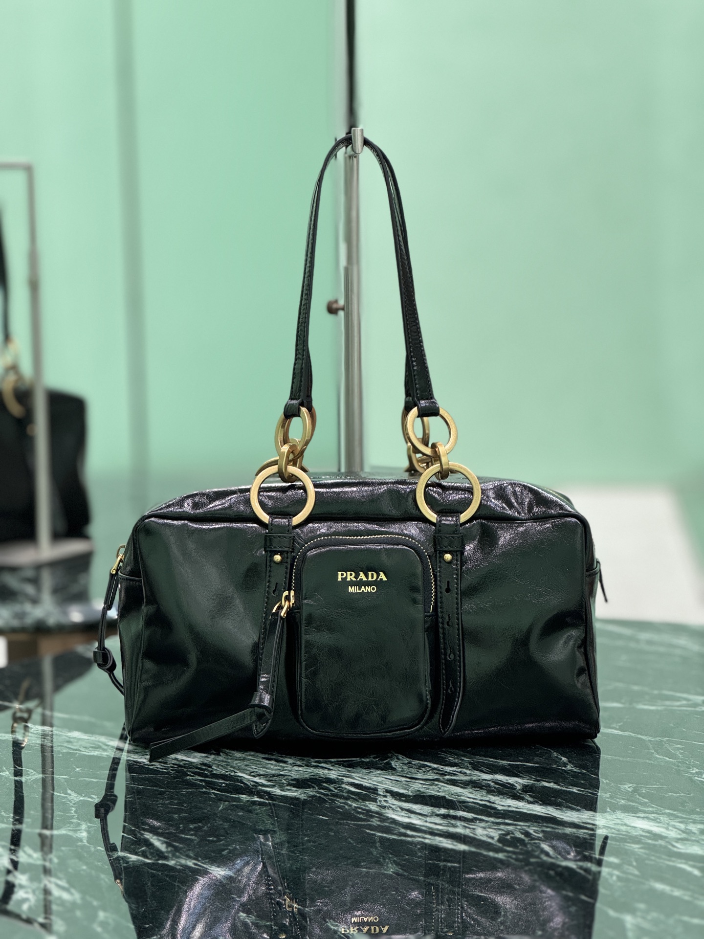 Prada 1BB138 Dangle Leather Top-handle Bag Black