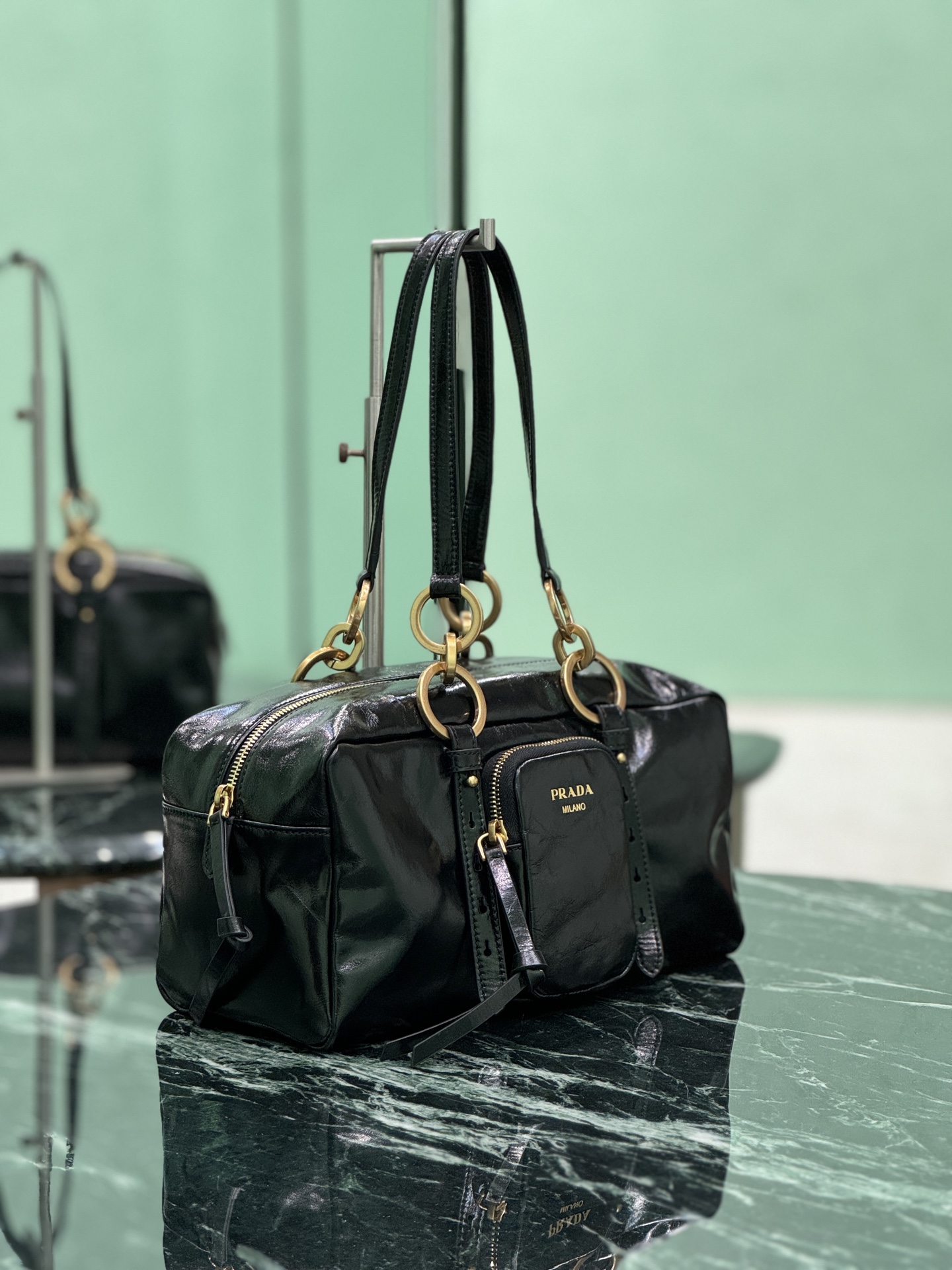 Prada 1BB138 Dangle Leather Top-handle Bag Black