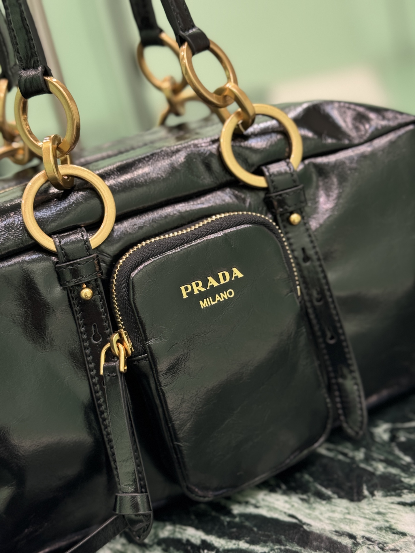 Prada 1BB138 Dangle Leather Top-handle Bag Black