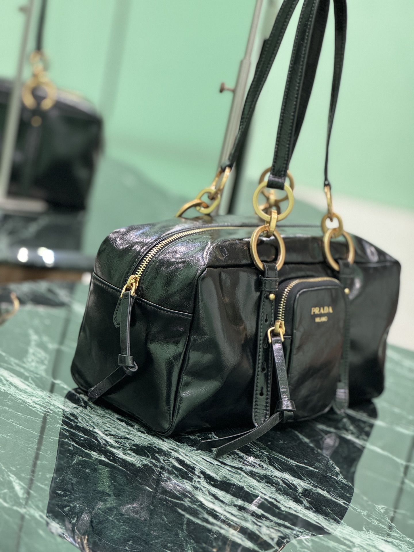 Prada 1BB138 Dangle Leather Top-handle Bag Black