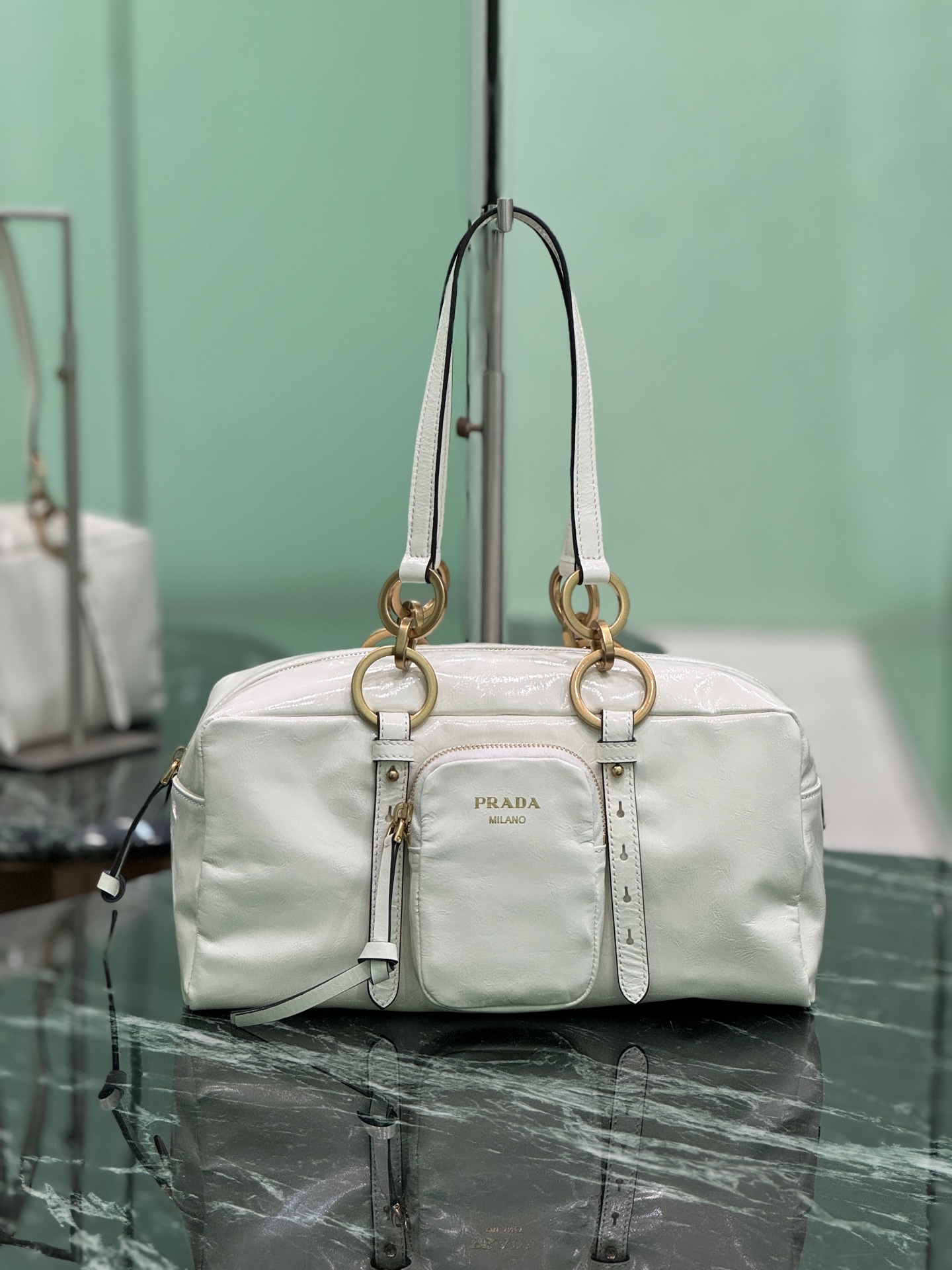 Prada 1BB138 Dangle Leather Top-handle Bag White