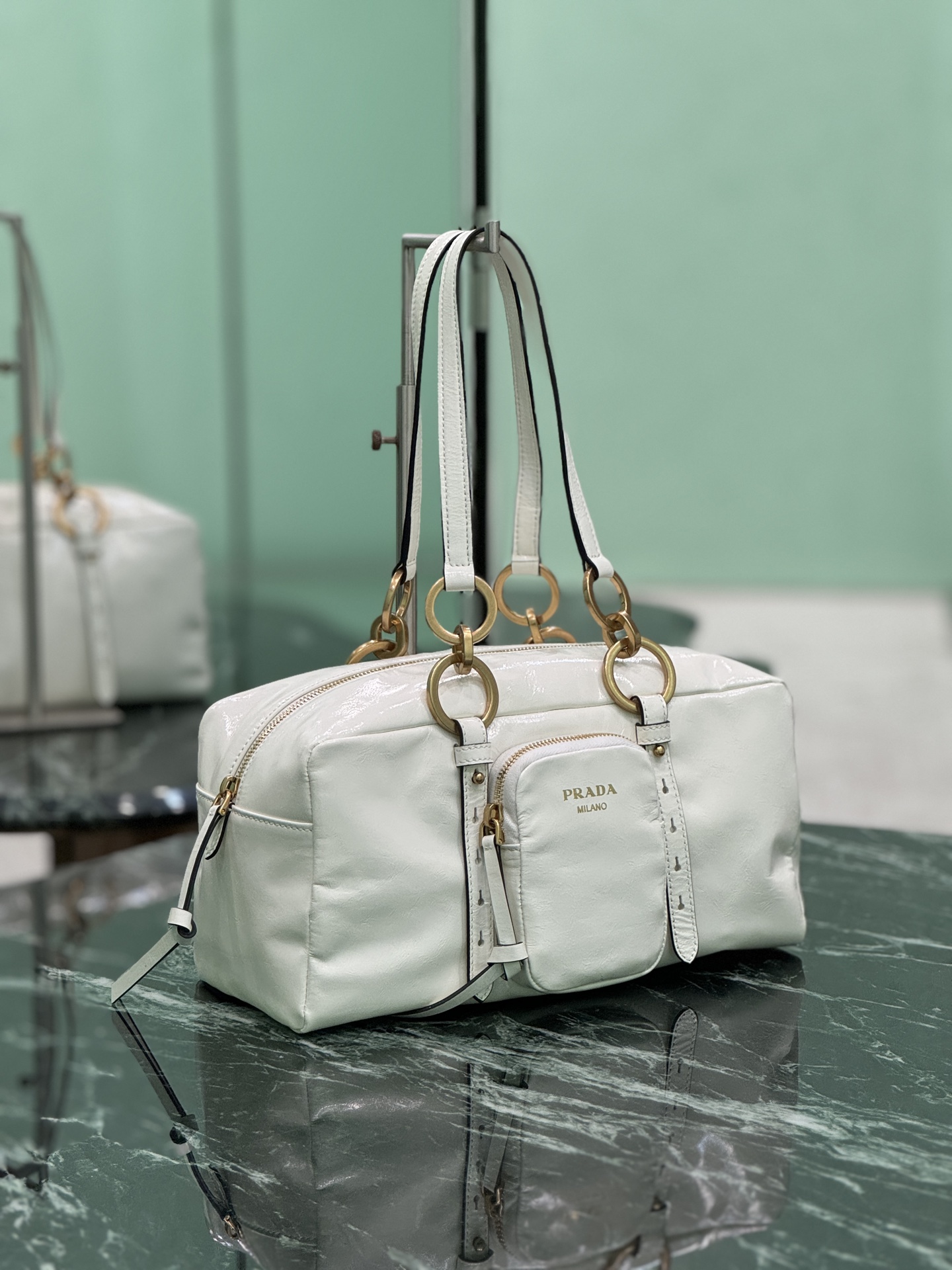 Prada 1BB138 Dangle Leather Top-handle Bag White