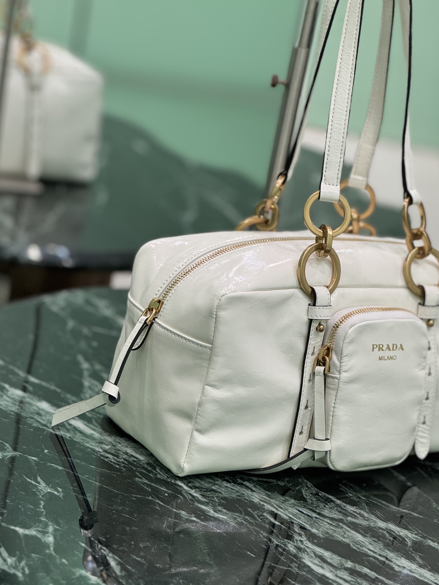 Prada 1BB138 Dangle Leather Top-handle Bag White