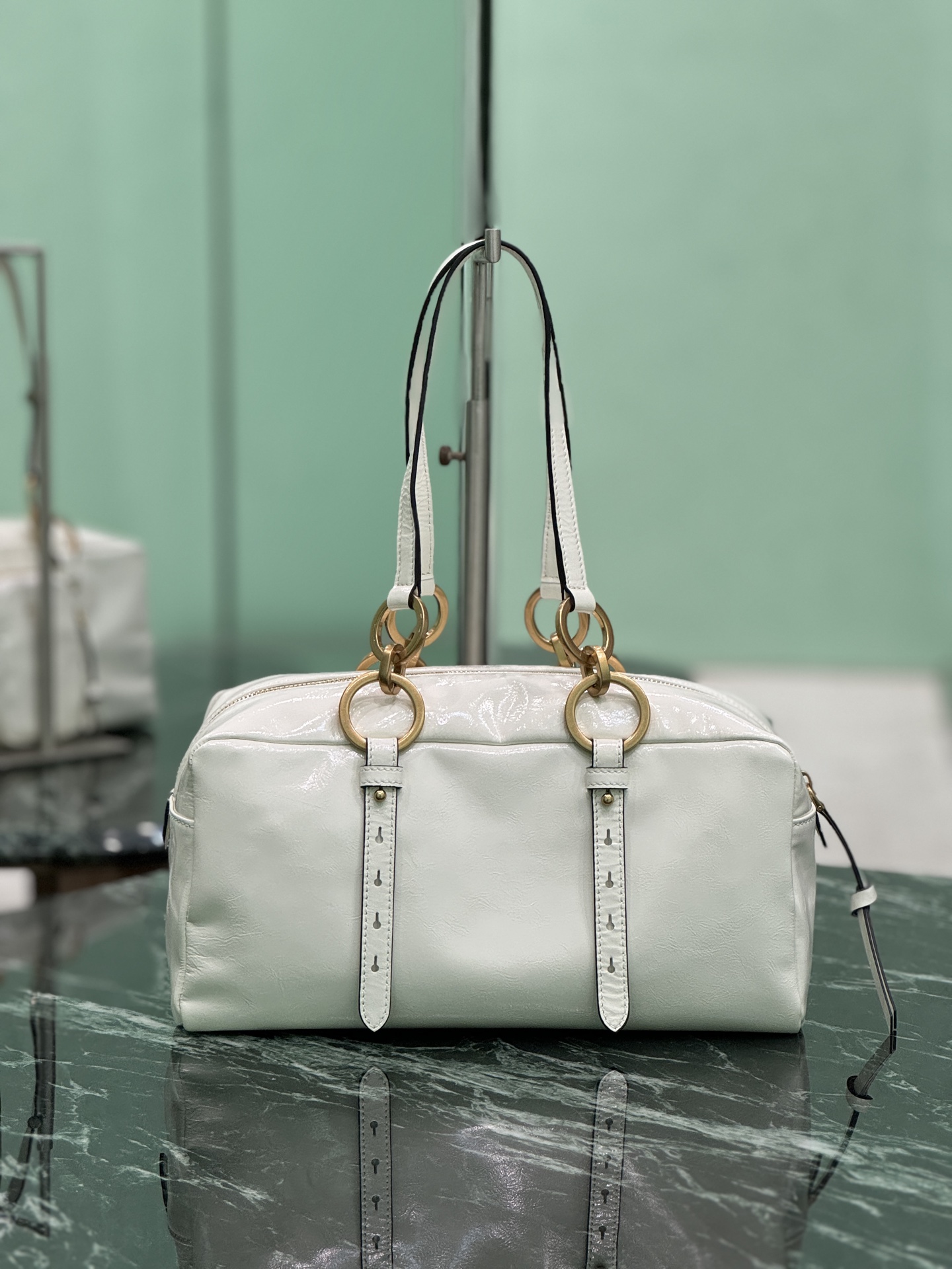 Prada 1BB138 Dangle Leather Top-handle Bag White