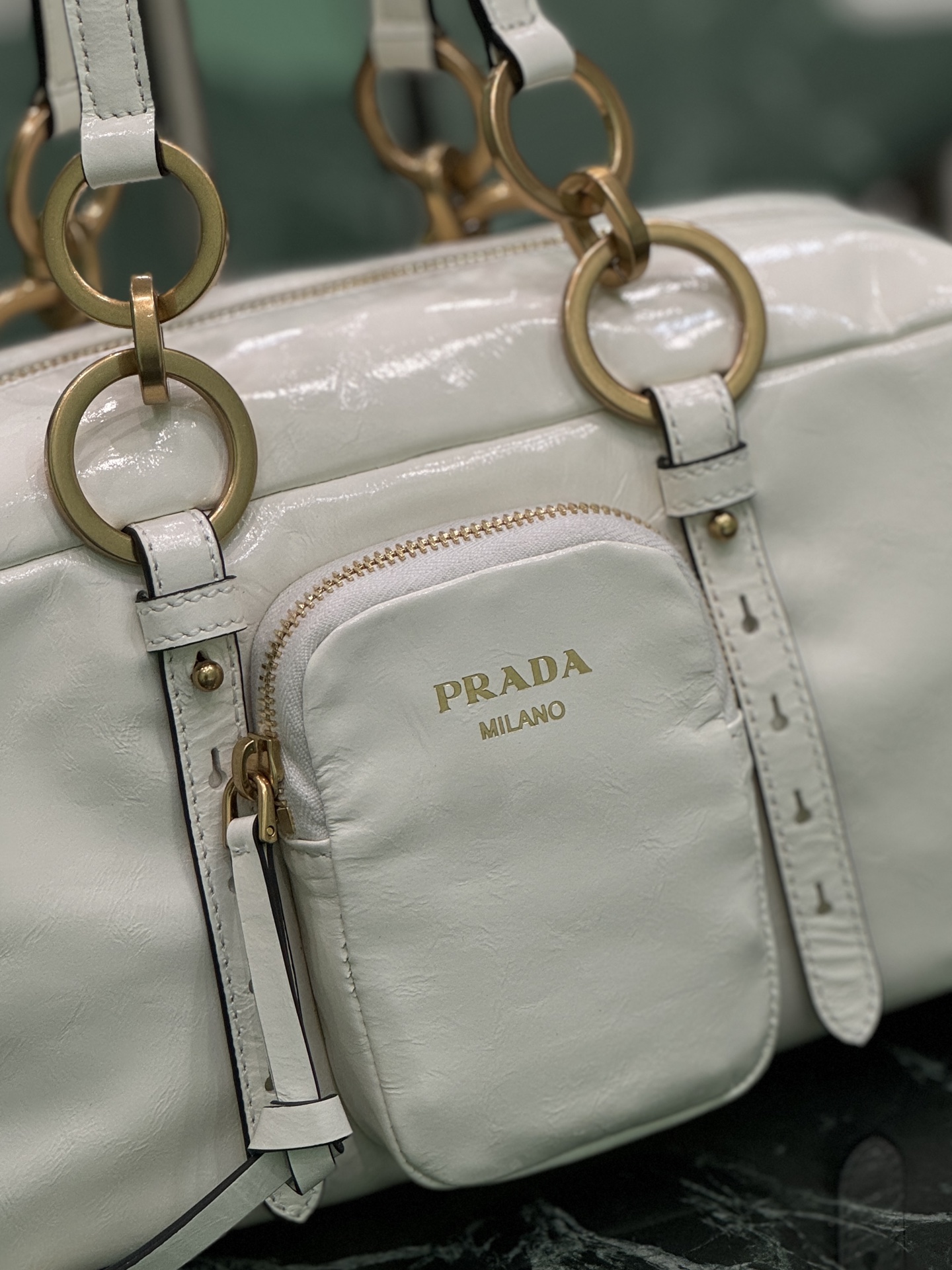 Prada 1BB138 Dangle Leather Top-handle Bag White
