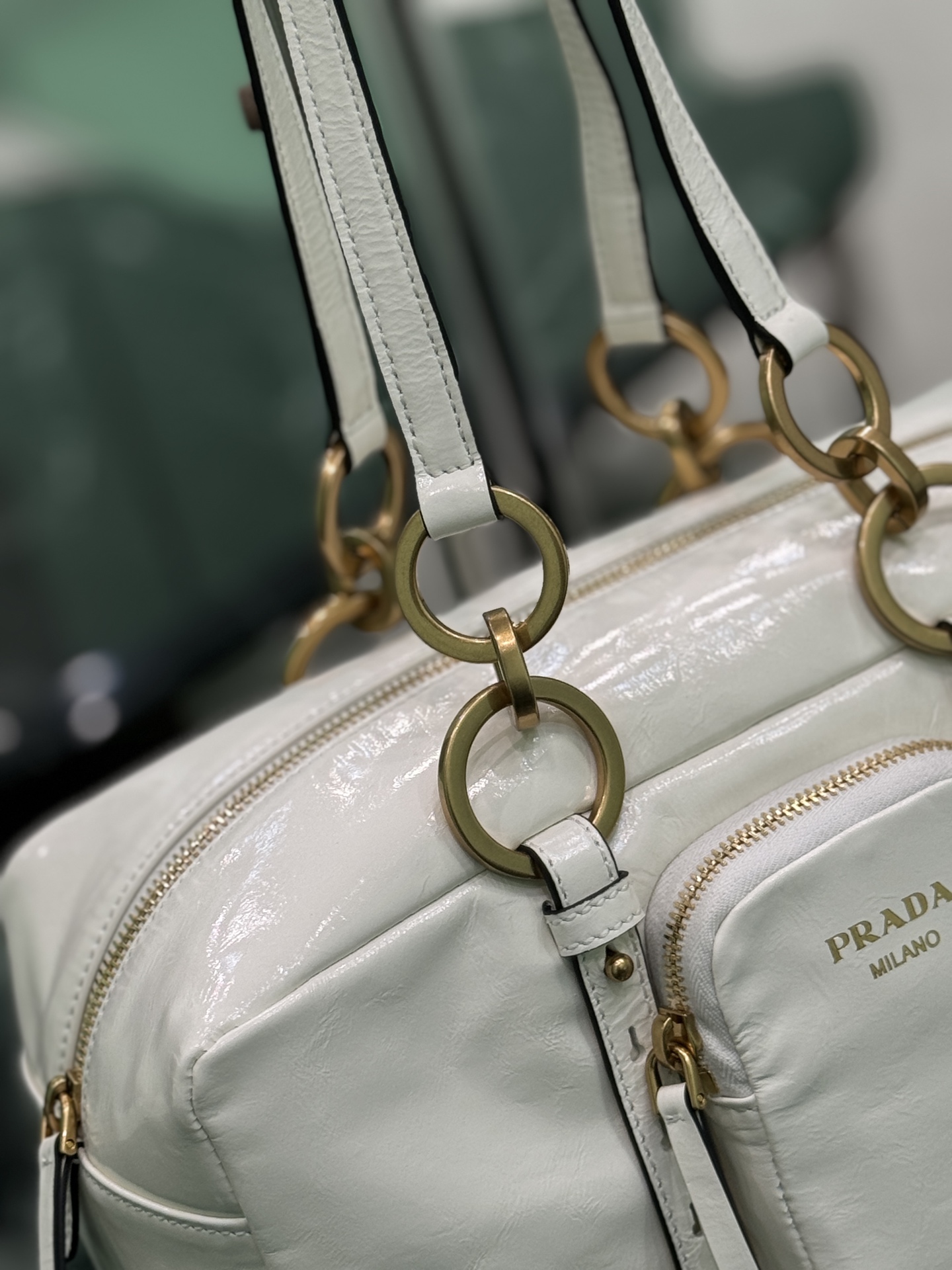 Prada 1BB138 Dangle Leather Top-handle Bag White