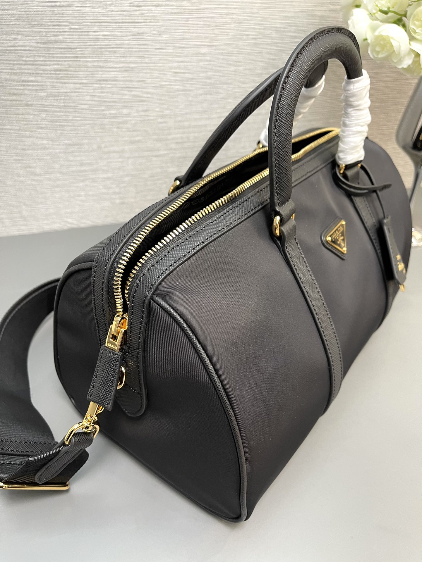 Prada 1BB233 Prada Re-Edition 1978 medium Re-Nylon and Saffiano leather top-handle bag Black