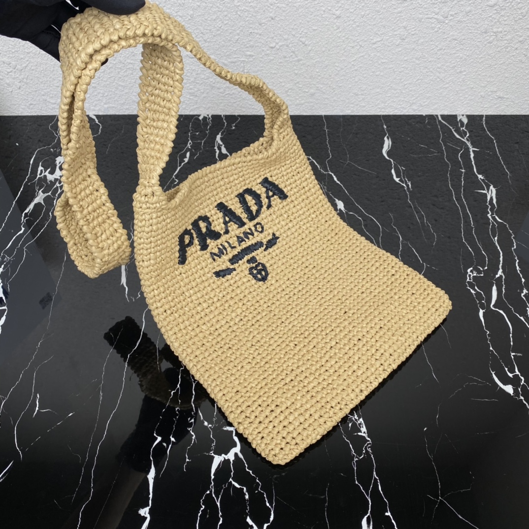 Prada 1BC182 Small Crochet Tote Bag Tan