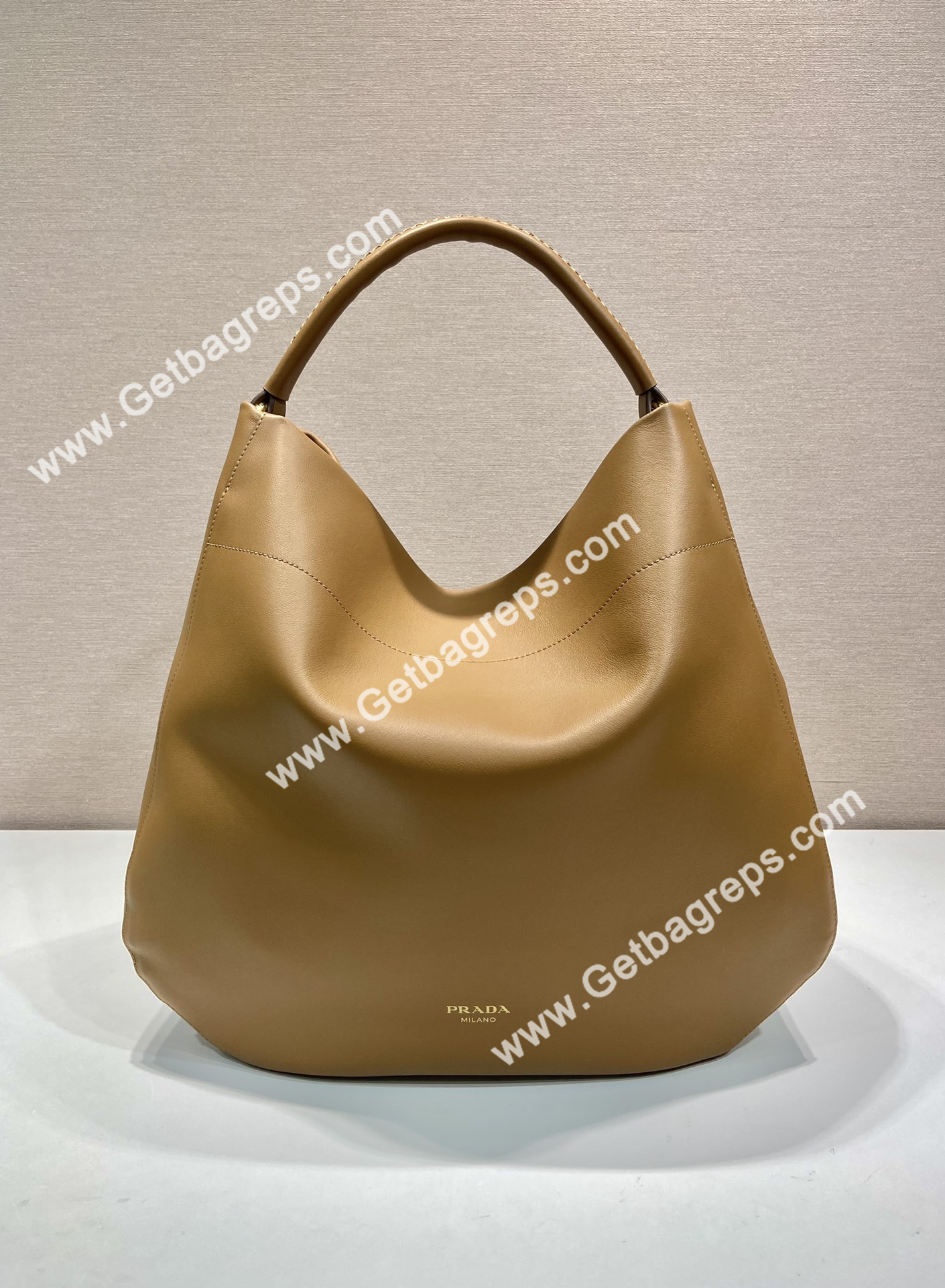 Prada 1BC219 Large Leather Shoulder Bag Caramel