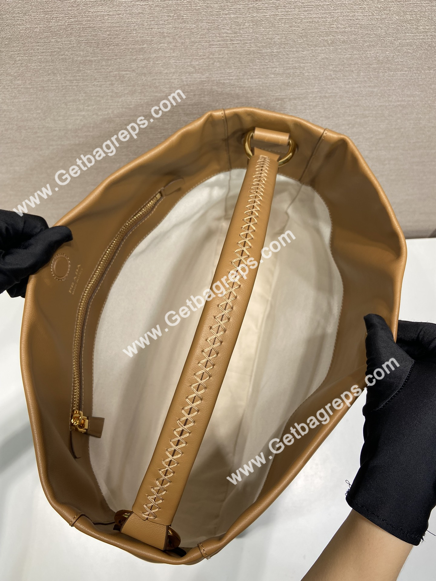 Prada 1BC219 Large Leather Shoulder Bag Caramel