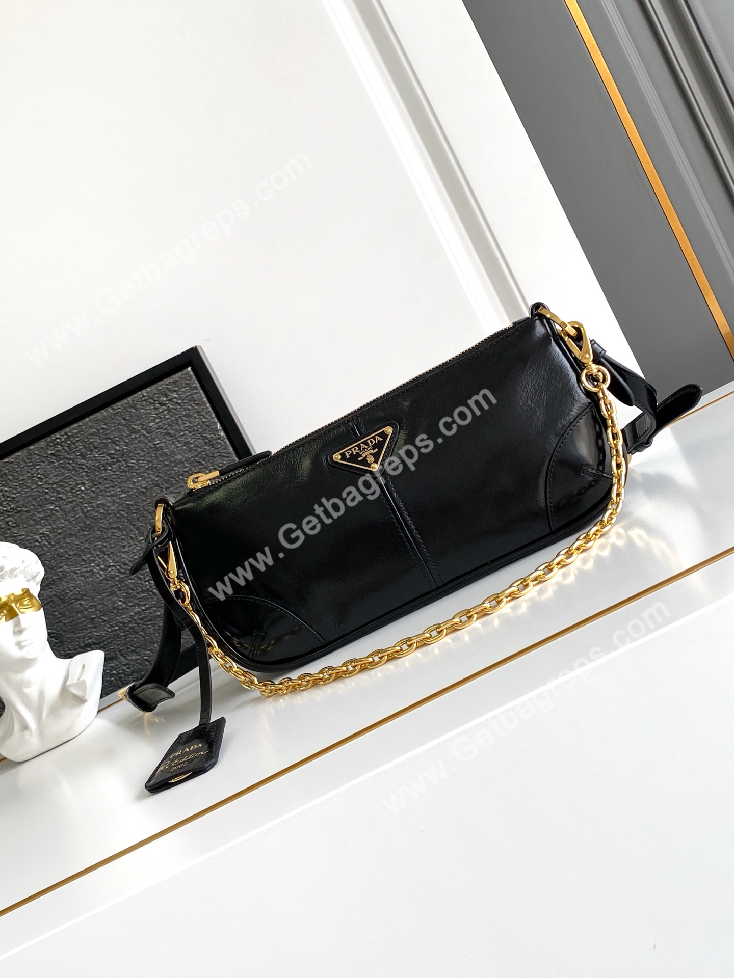 Prada 1BC221Re-Edition 2002 Medium Leather Shoulder Bag Black