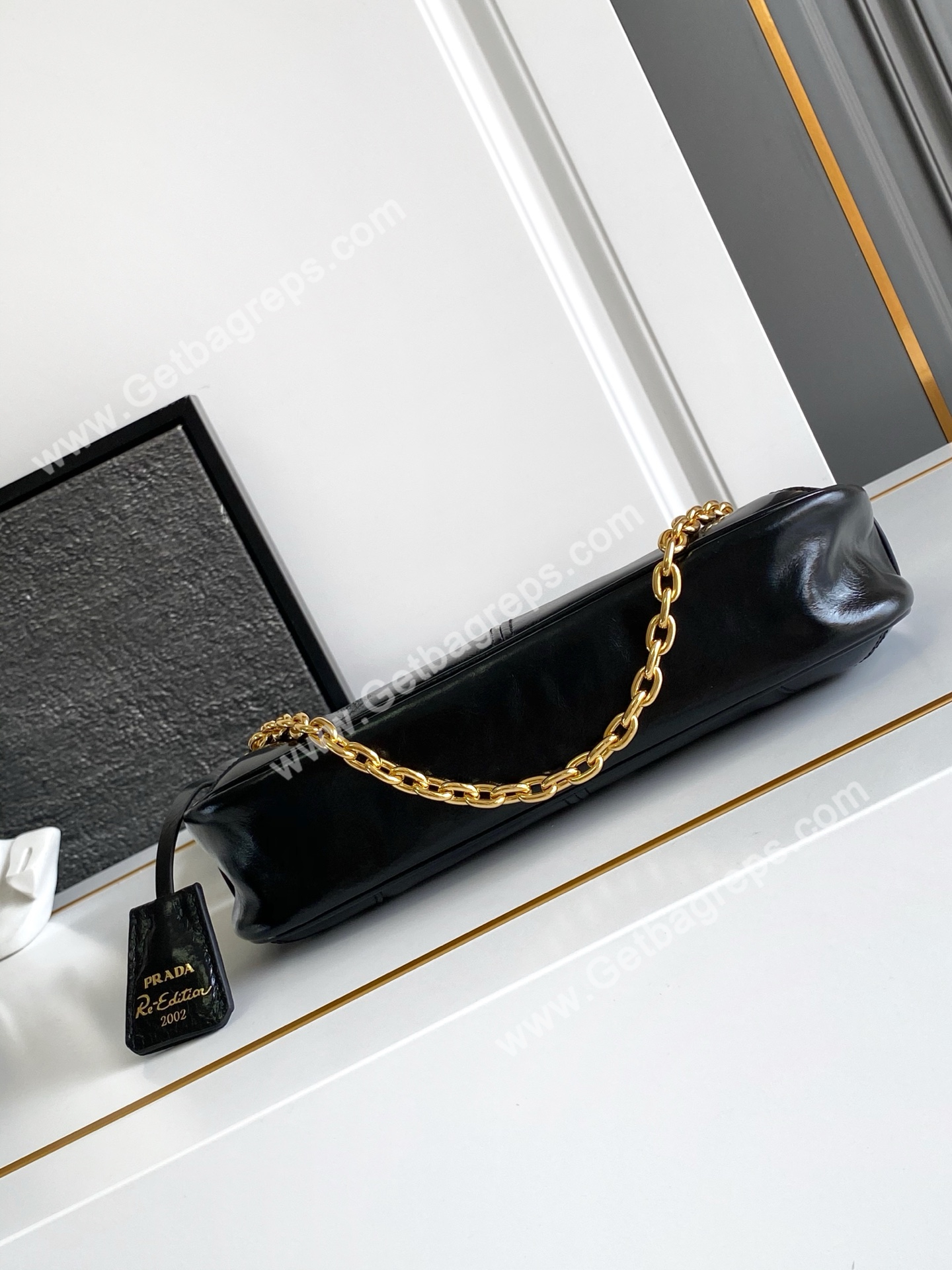Prada 1BC221Re-Edition 2002 Medium Leather Shoulder Bag Black