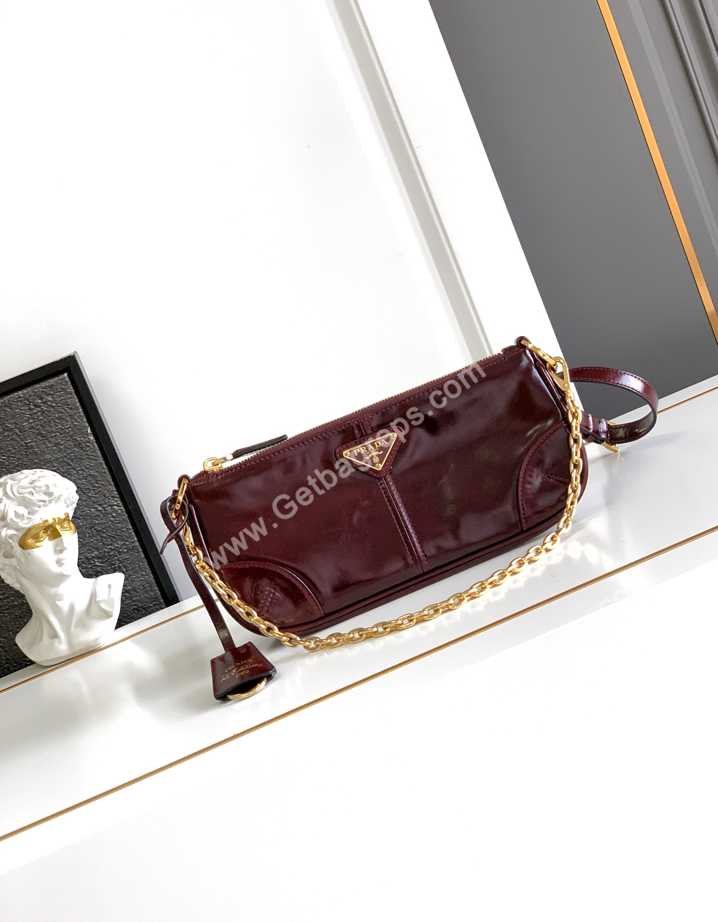 Prada 1BC221Re-Edition 2002 Medium Leather Shoulder Bag Dark Red