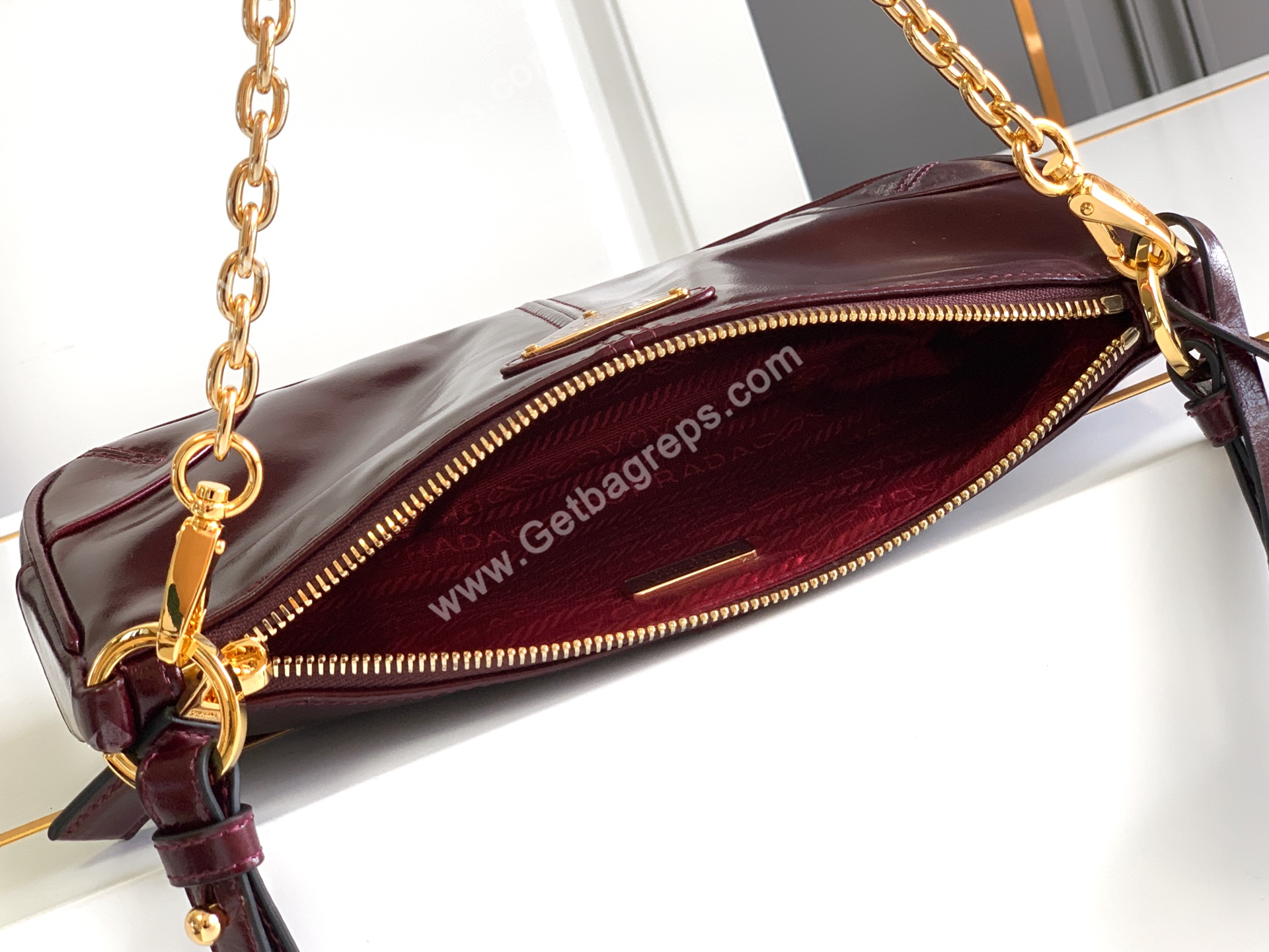 Prada 1BC221Re-Edition 2002 Medium Leather Shoulder Bag Dark Red
