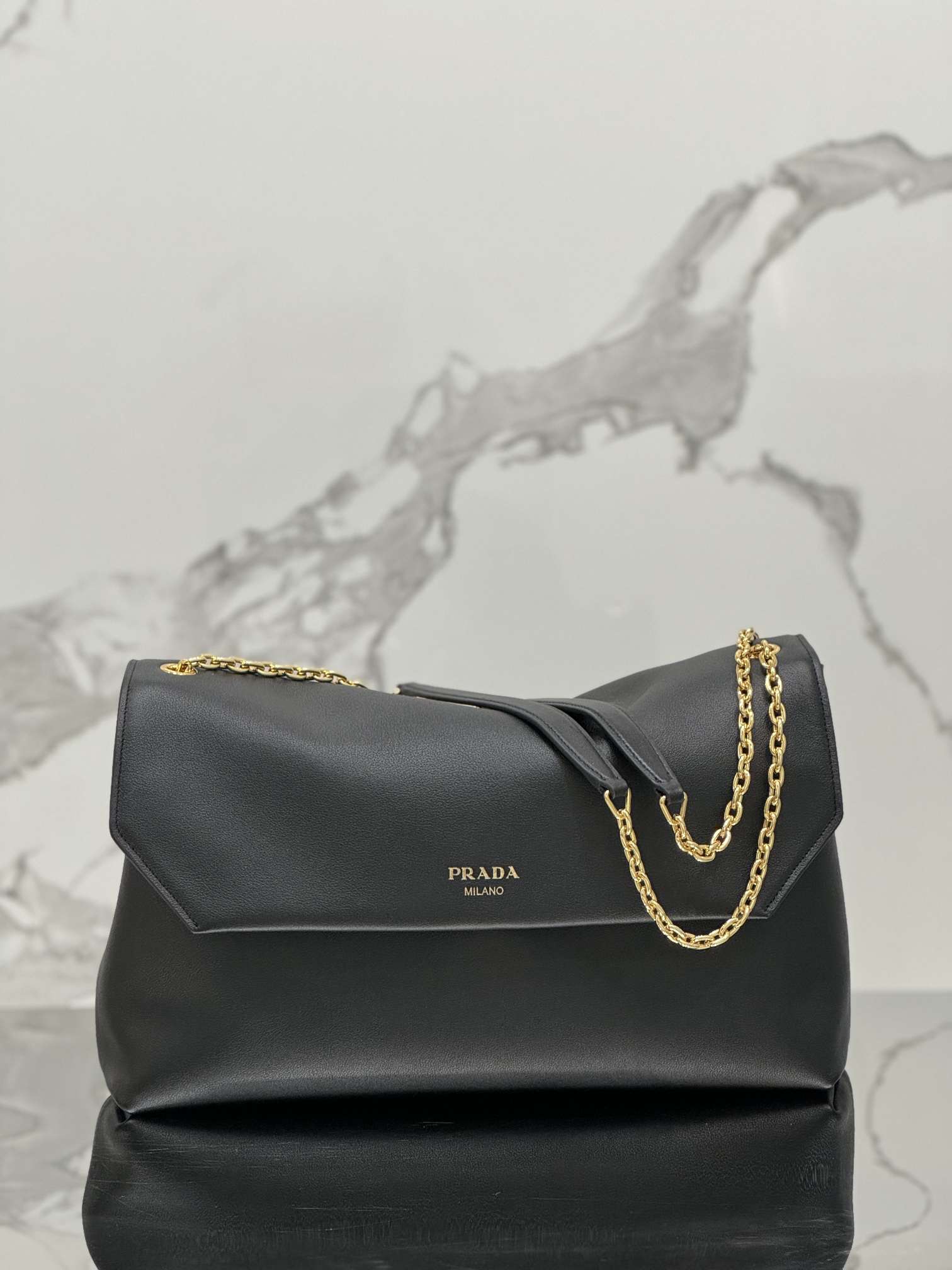 Prada 1BD368 Large Leather Shoulder Bag Black