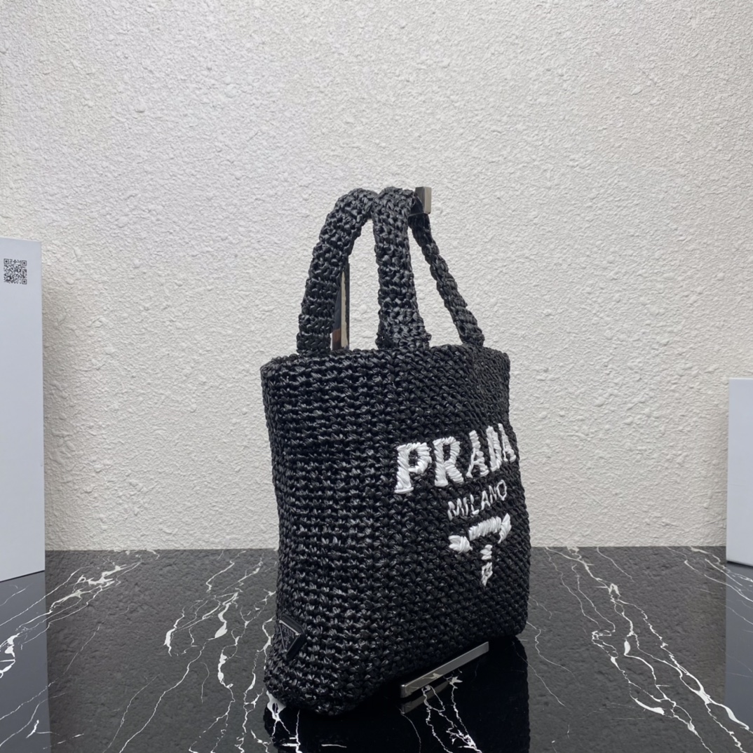 Prada 1BG422 Small Raffia Tote Bag Black