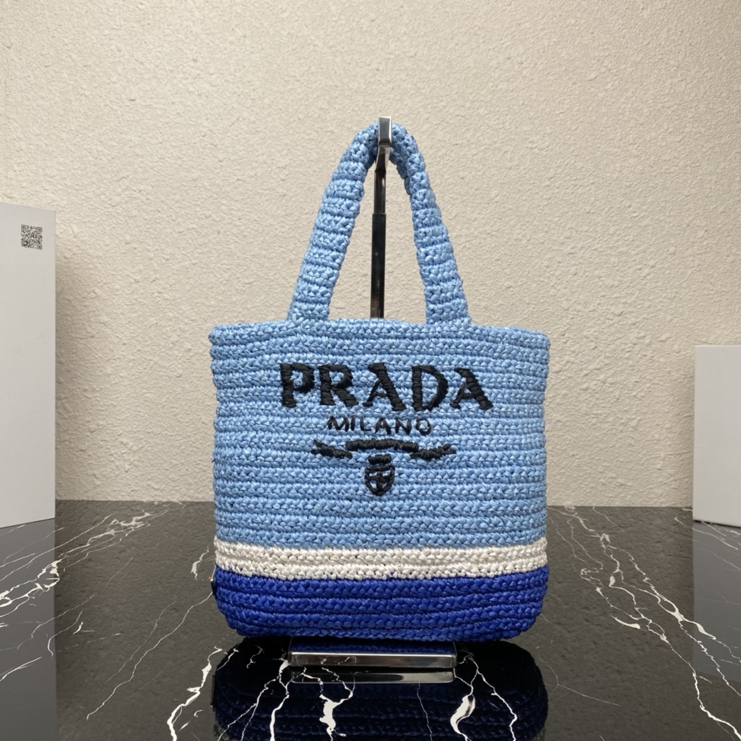 Prada 1BG422 Small Raffia Tote Bag Blue and White