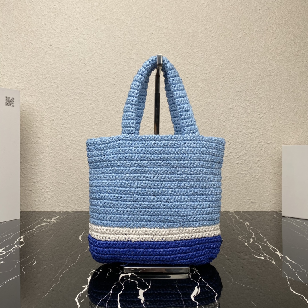 Prada 1BG422 Small Raffia Tote Bag Blue and White