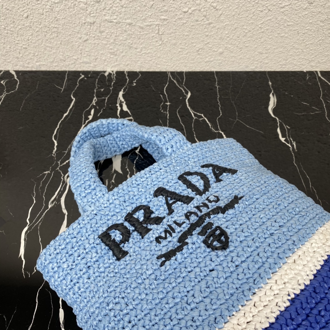 Prada 1BG422 Small Raffia Tote Bag Blue and White