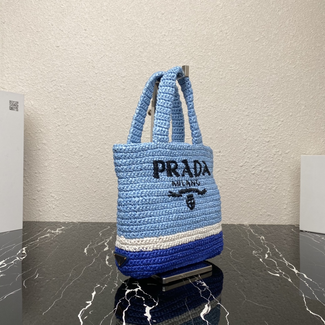 Prada 1BG422 Small Raffia Tote Bag Blue and White