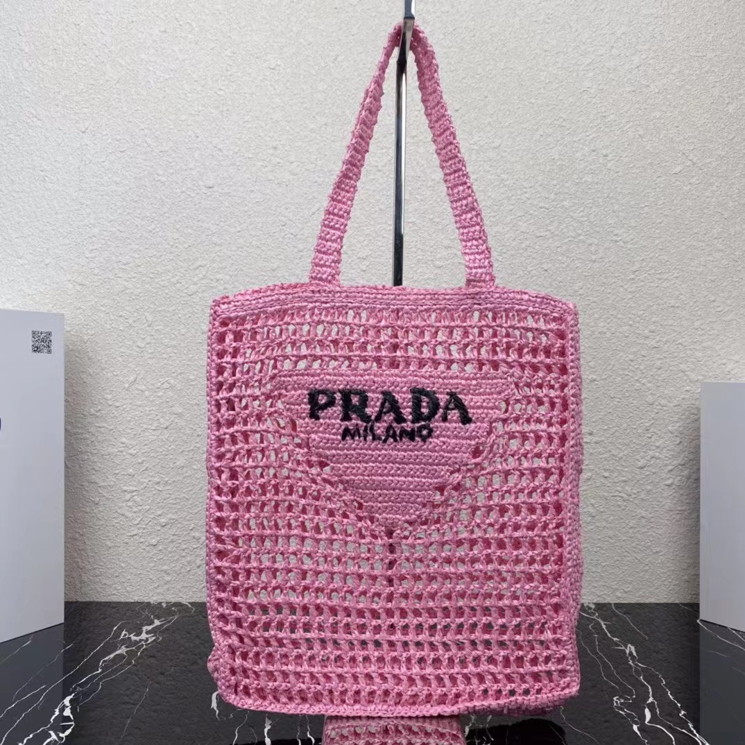 Prada 1BG422 Small Raffia Tote Bag Pink