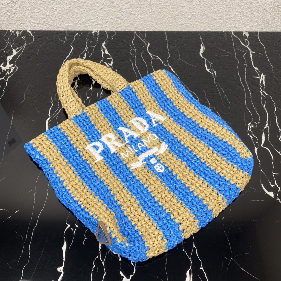 Prada 1BG422 Small Raffia Tote Bag Tan and Blue