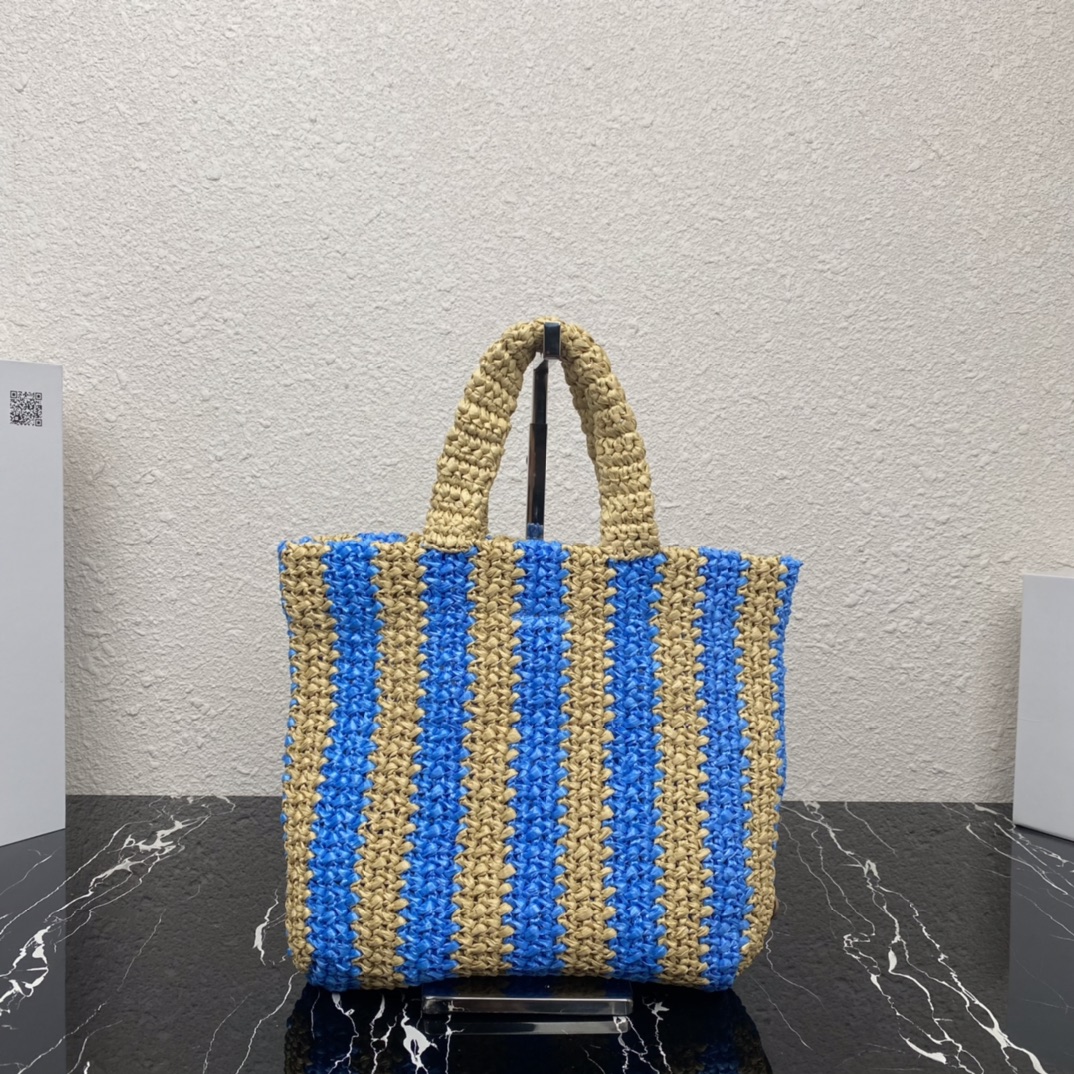 Prada 1BG422 Small Raffia Tote Bag Tan and Blue